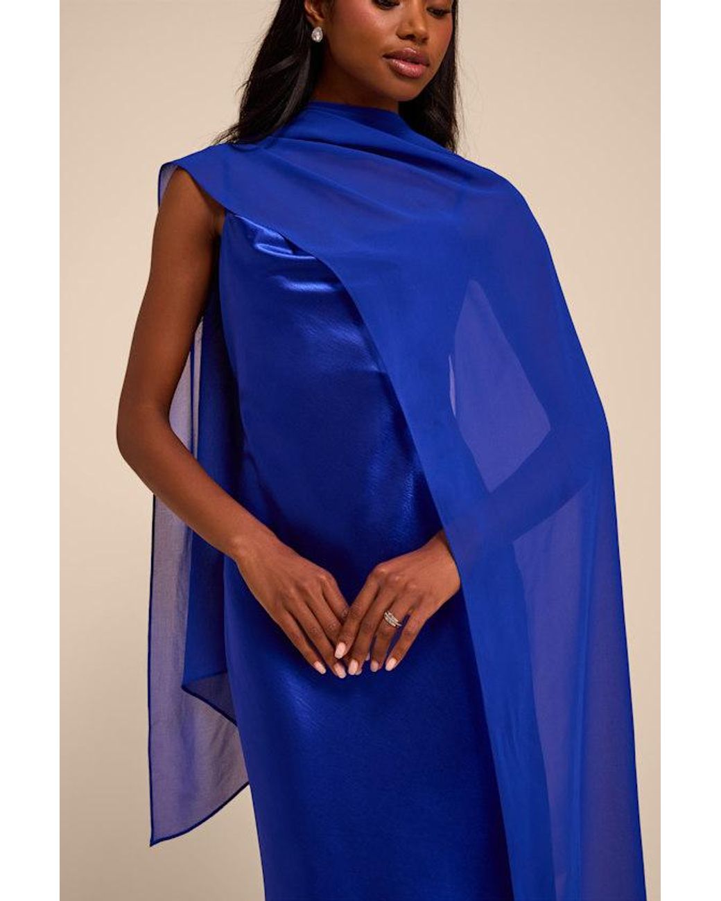 Lulus Blue Daya Satin Slip Maxi Dress And Scarf Set