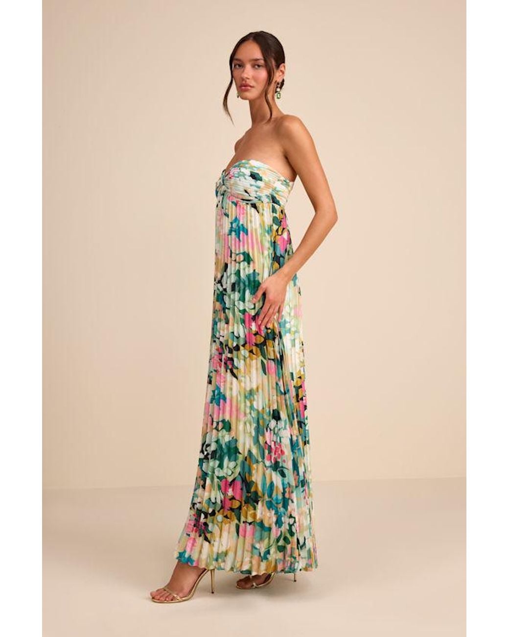 Lulus Blue Whimsical Beauty Multi Floral Satin Plisse Strapless Maxi Dress