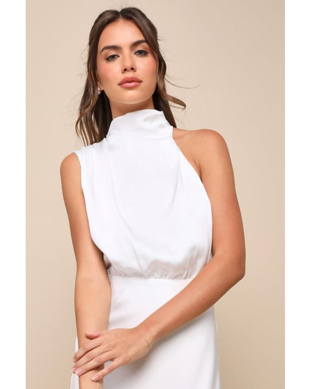 Lulus Natural Distinctive Charm Satin Asymmetrical Midi Dress