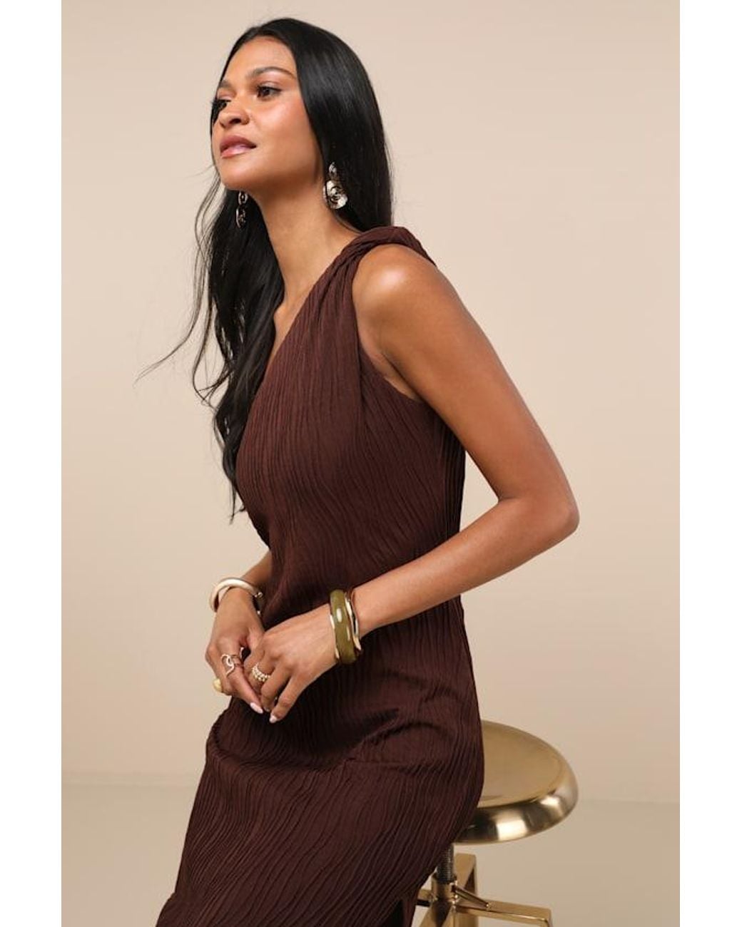 Lulus Natural Aristea Textured One-Shoulder Midi Dress