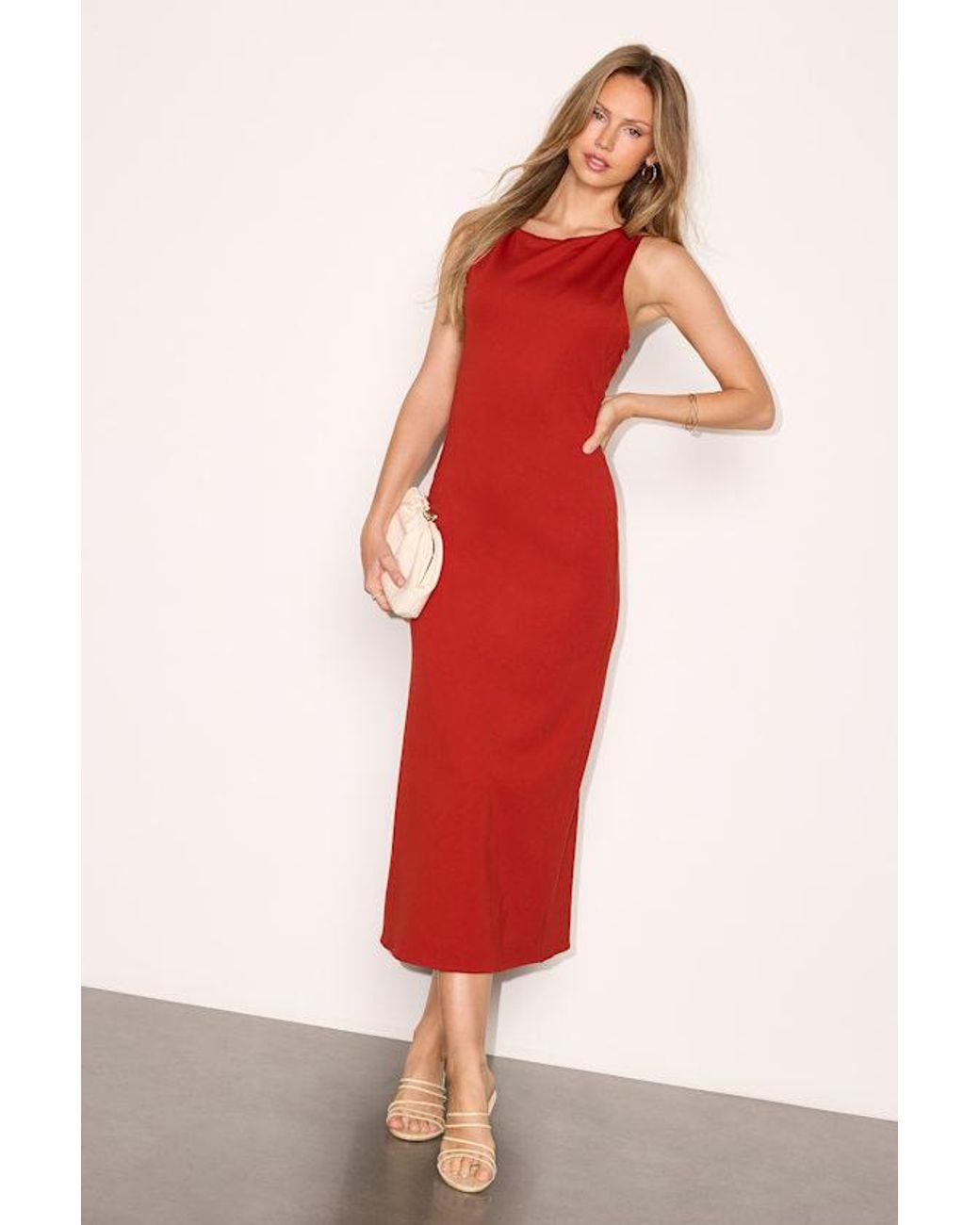 Lulus Red Parmida Rust Jersey Knit Backless Midi Dress