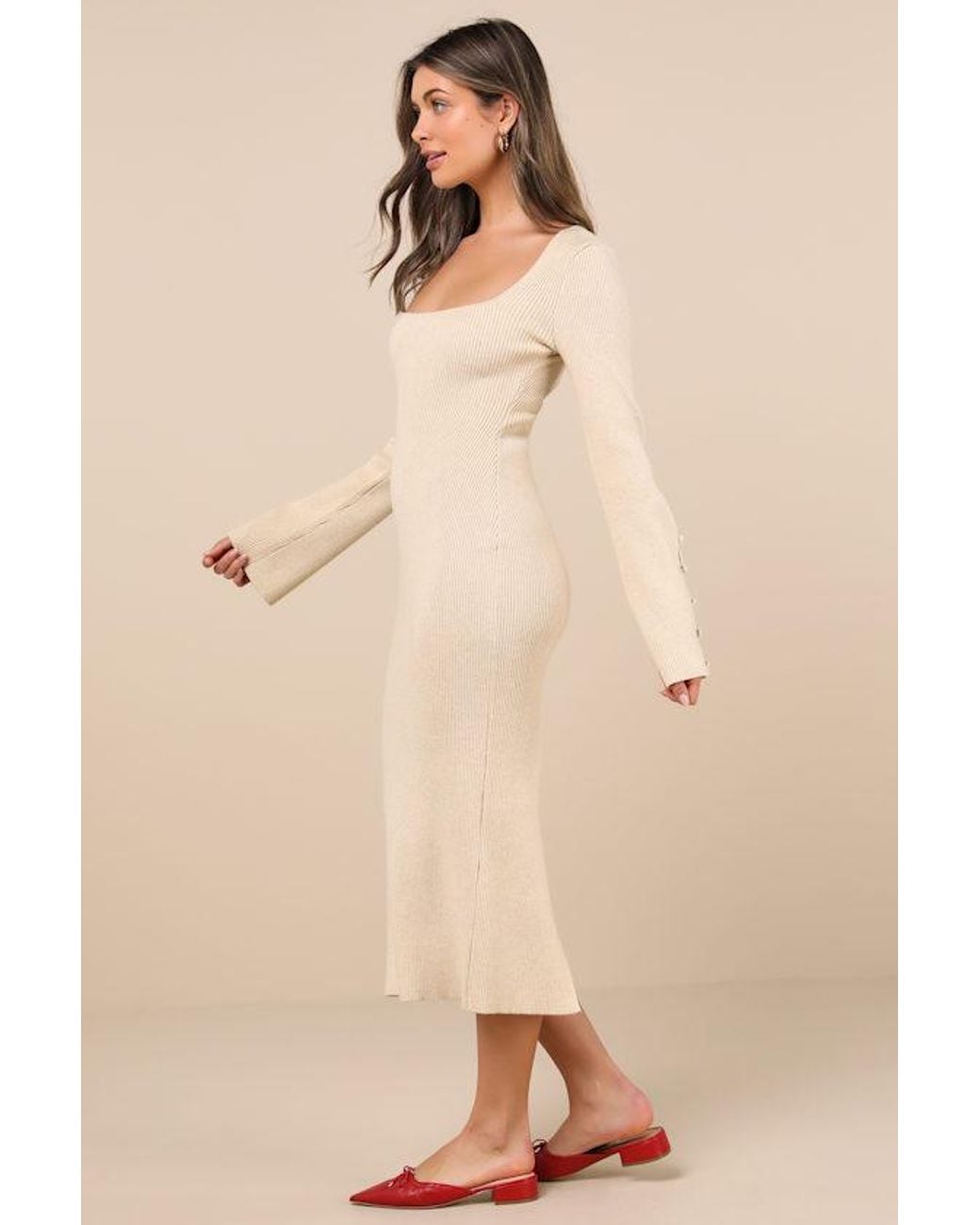 Lulus Natural Classy Attitude Ribbed Square Neck Midi Sweater Dress