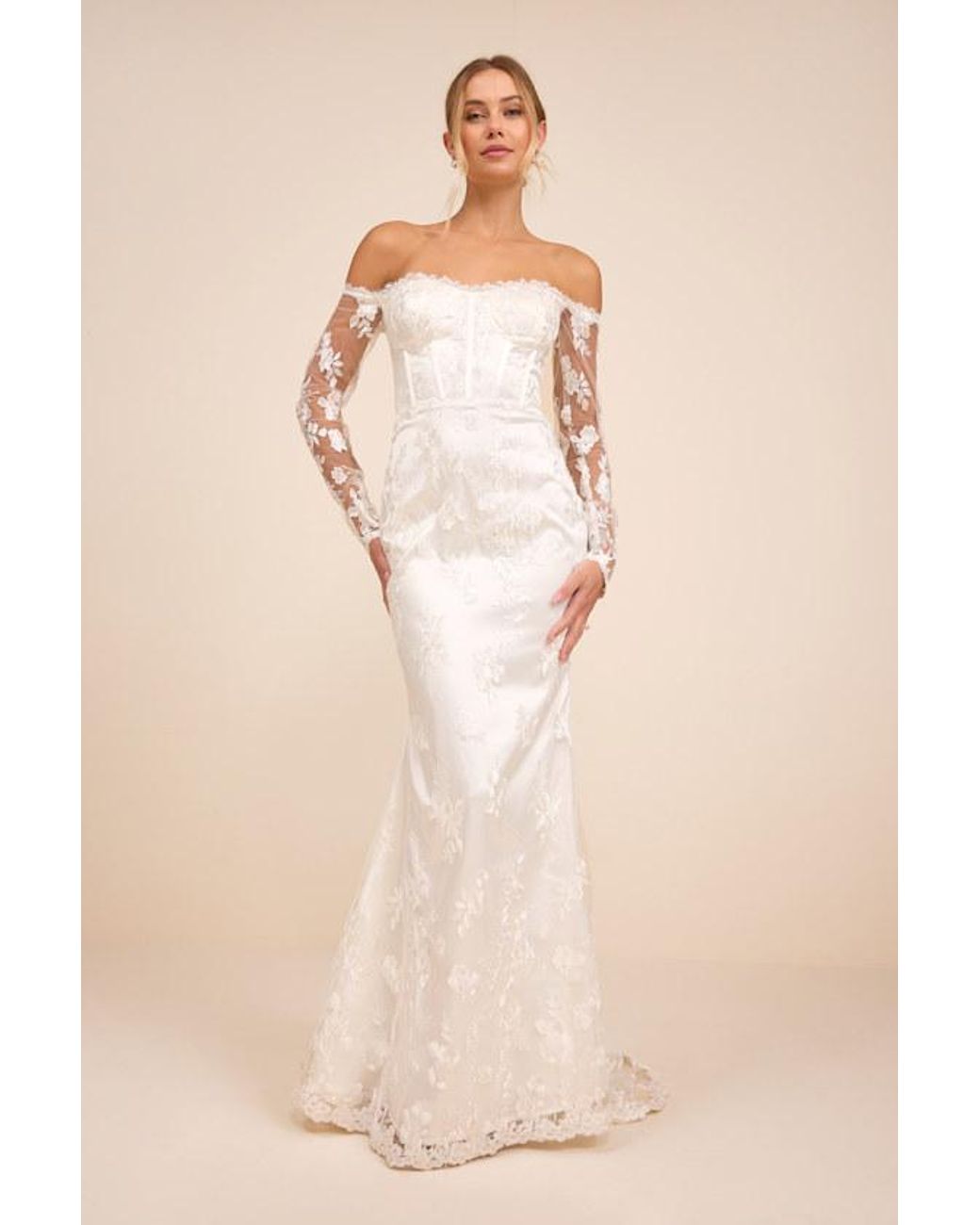 Lulus Natural Lucina Embroidered Bustier Long Sleeve Maxi Dress