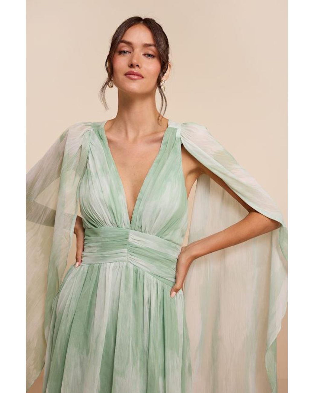 Lulus Green Damaria Sage Multi Abstract Cape Sleeve Maxi Dress