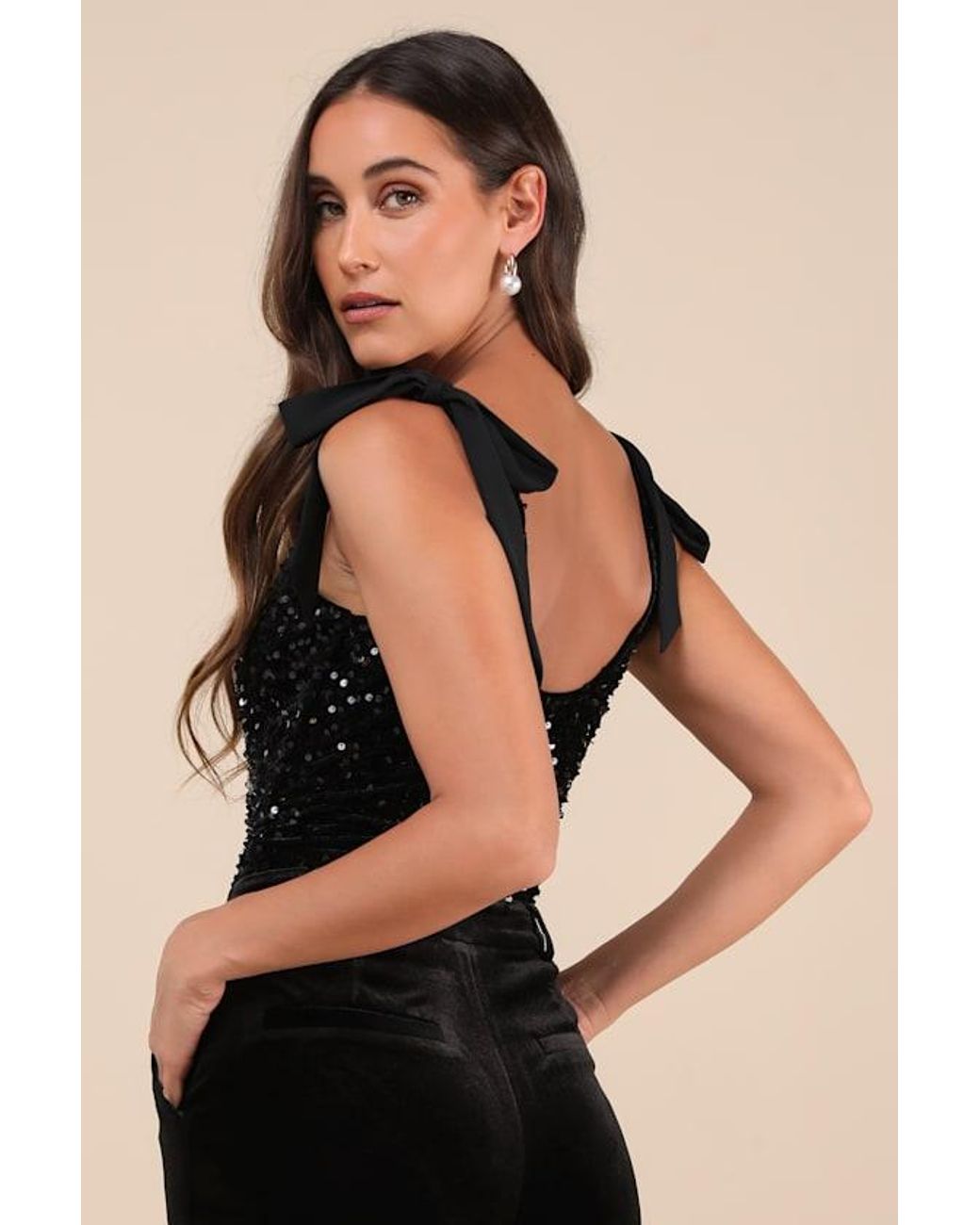 Lulus Black Adept Allure Velvet Sequin Tie-Strap Bodysuit