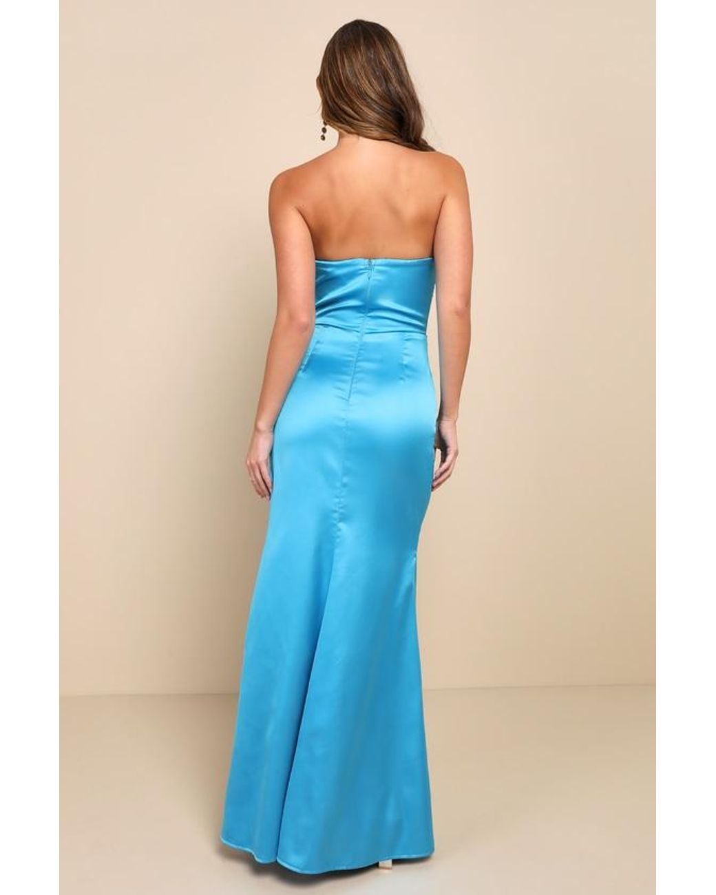 Lulus Ethereal Excellence Satin Pleated Strapless Maxi Dress in Blue | Lyst