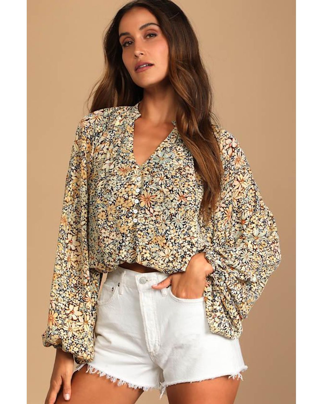 Lulus Natural Season Of Blooms Floral Print Balloon Sleeve Top