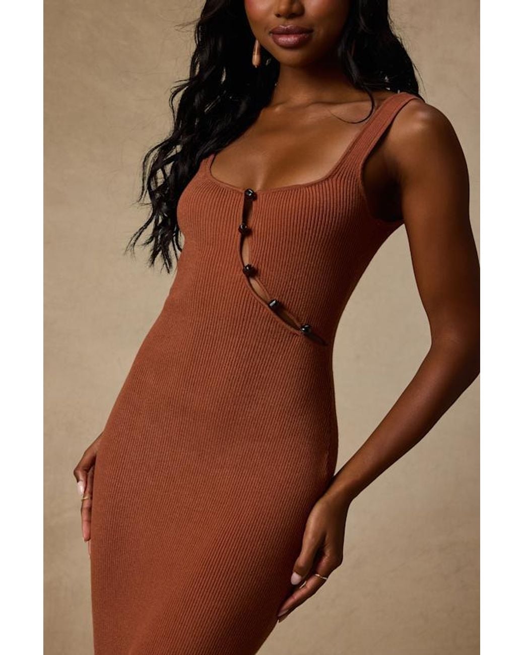 Lulus Brown Clairo Ribbed Knit Cutout Midi Dress