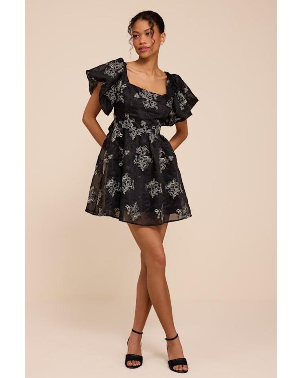 Lulus Black Cathaysa Embroidered Puff Sleeve Bow Mini Dress