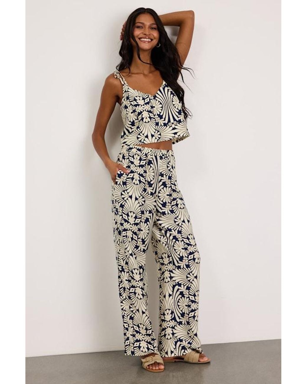 Lulus Blue Abril And Ivory Boho Print Wide-Leg Pants