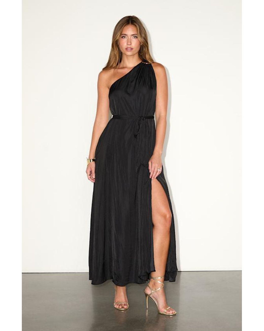 Lulus Black Goddess Aura Satin One-Shoulder Maxi Dress