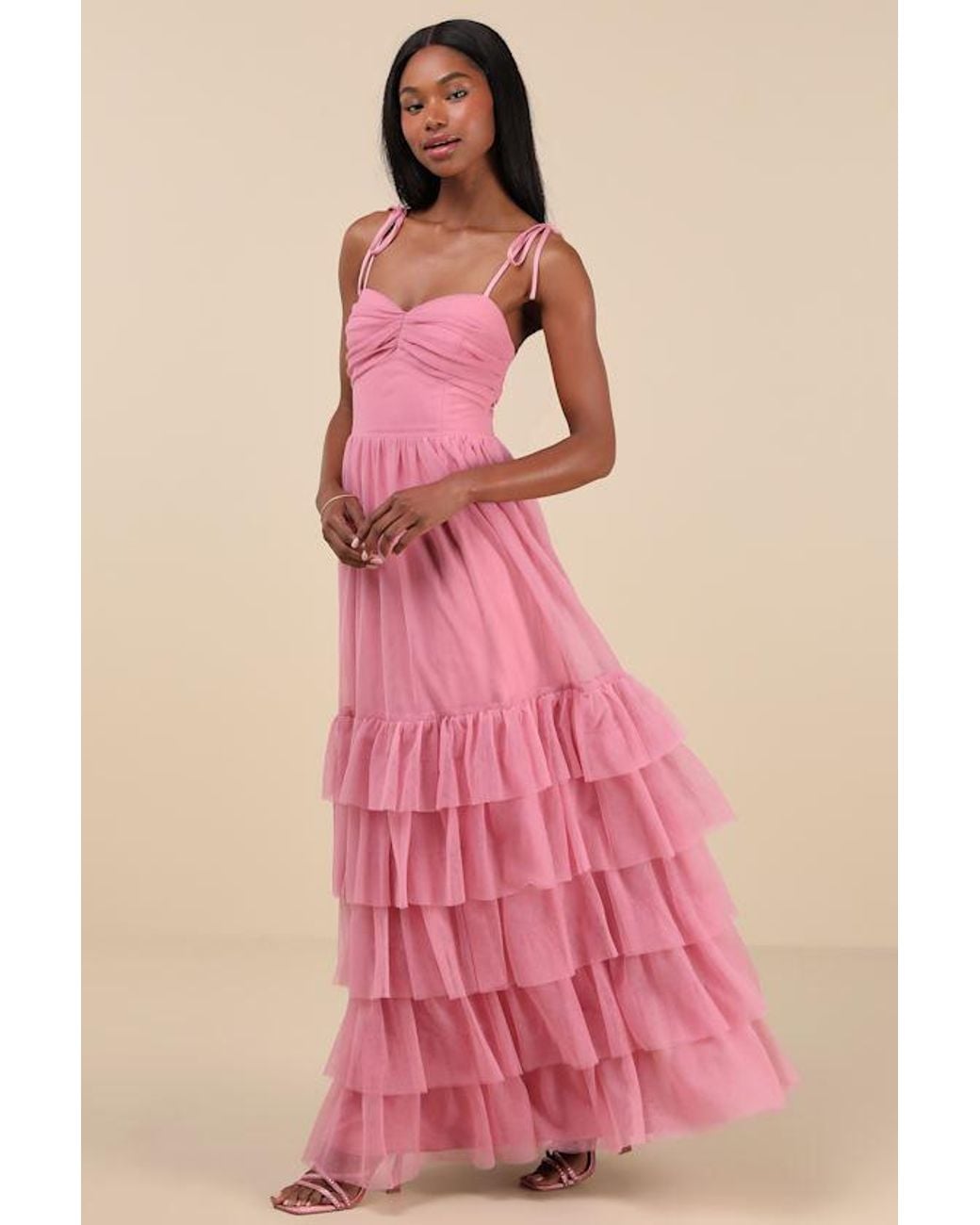 Lulus Pink Endlessly Darling Mesh Tiered Tie-Strap Maxi Dress