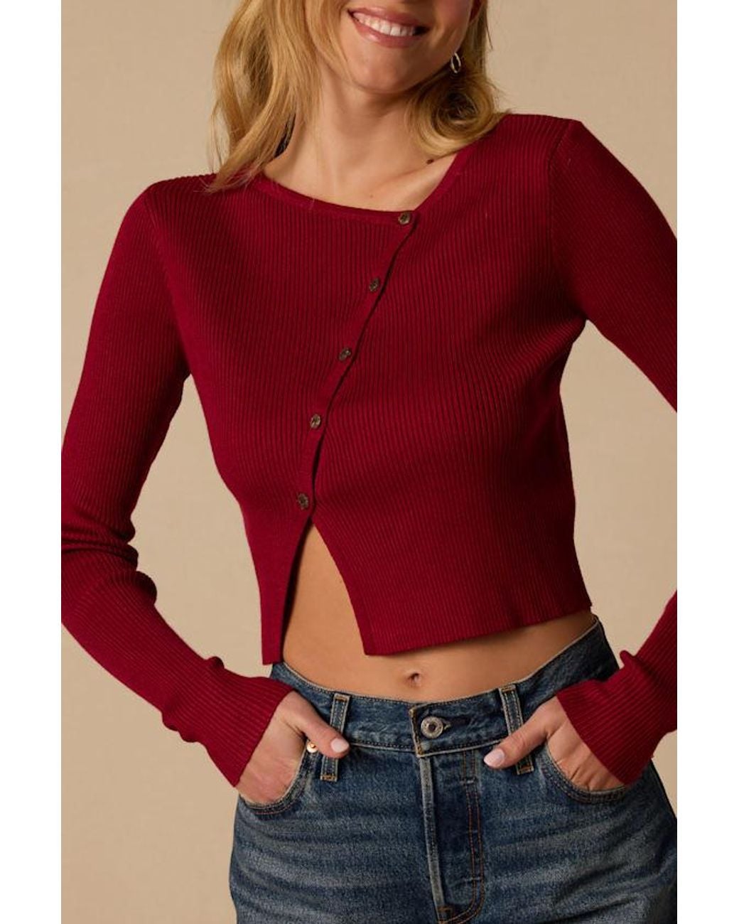 Lulus Red Paxlynn Ribbed Asymmetrical Cardigan Top