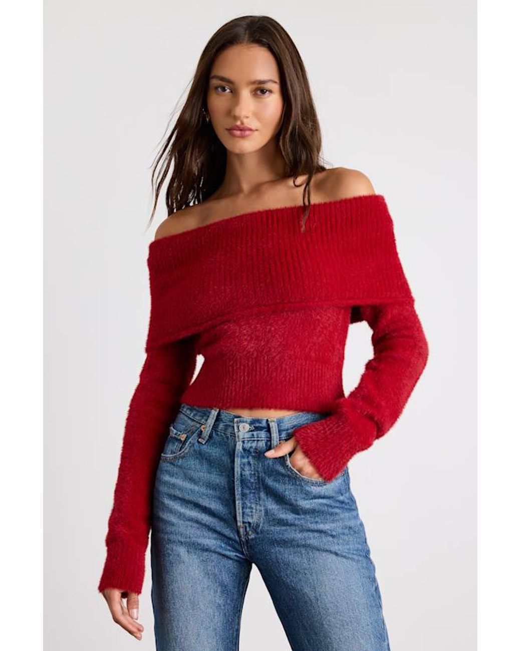 Lulus Red Ravenna Eyelash Knit Off-The-Shoulder Sweater Top