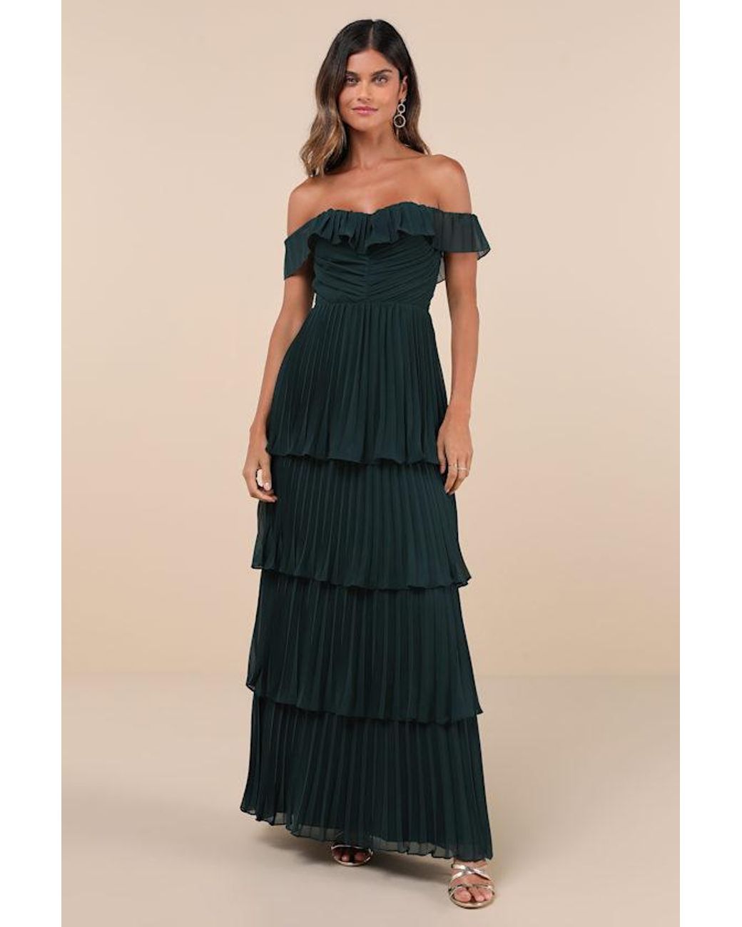 Lulus Blue Always Remarkable Sage Brush Pleated Off-The-Shoulder Maxi Dress