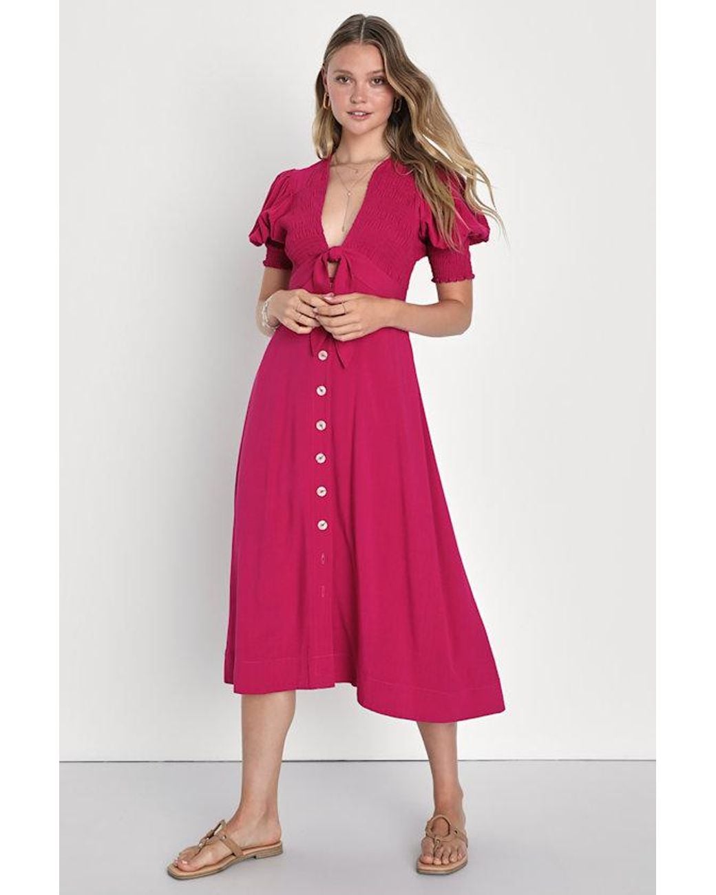 Lulus Pink Featured Cutie Smocked Tie-Front Midi Dress