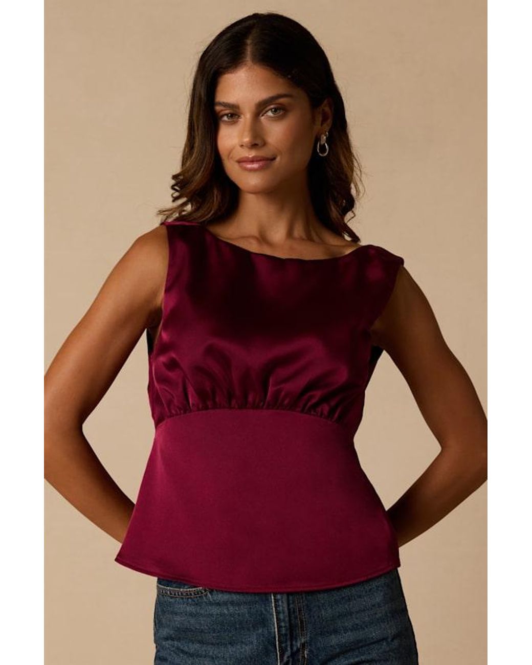 Lulus Red Arquette Wine Satin Cowl Back Tank Top
