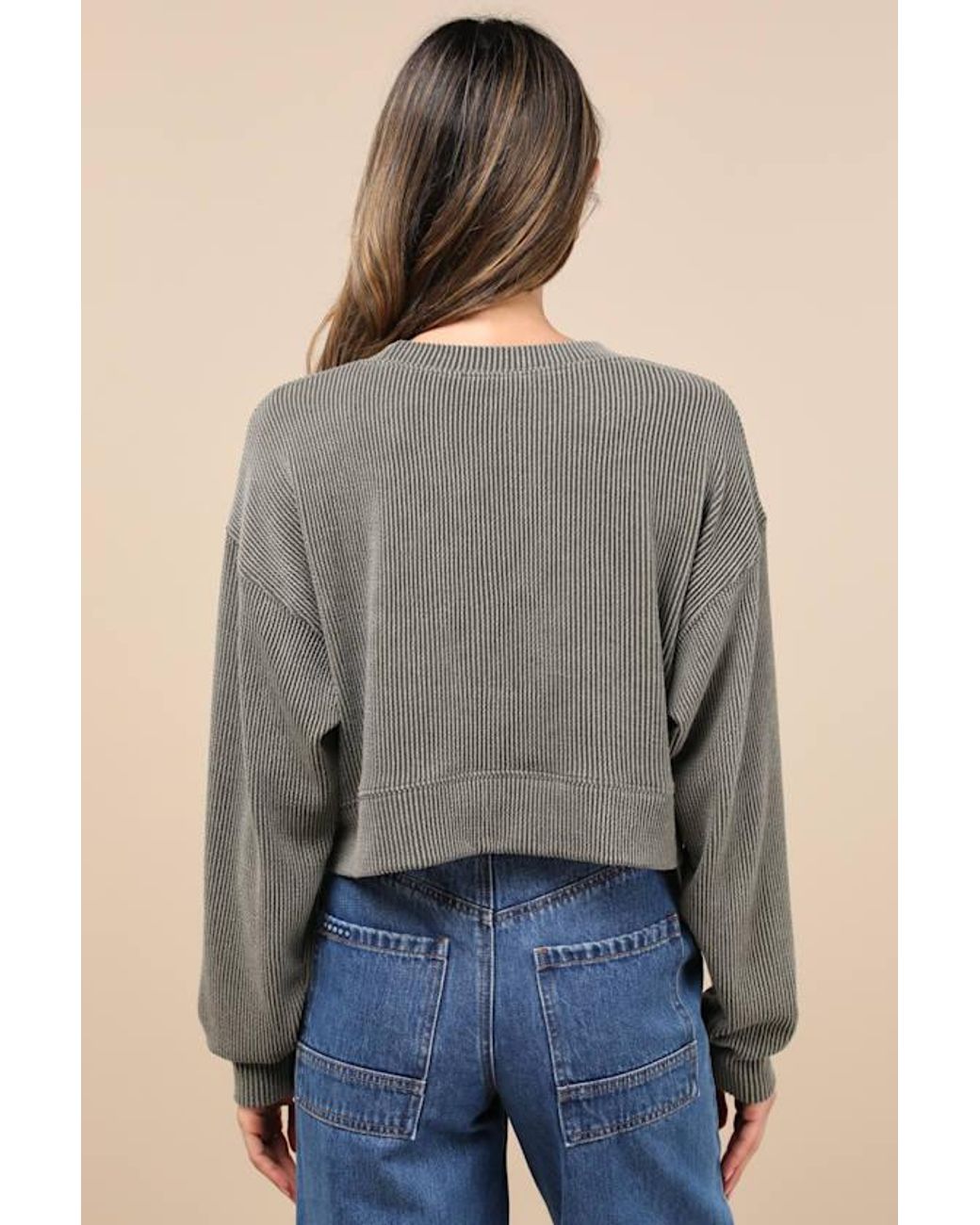 Lulus Gray Relaxed Attitude Textured Ribbed Long Sleeve Crop Top