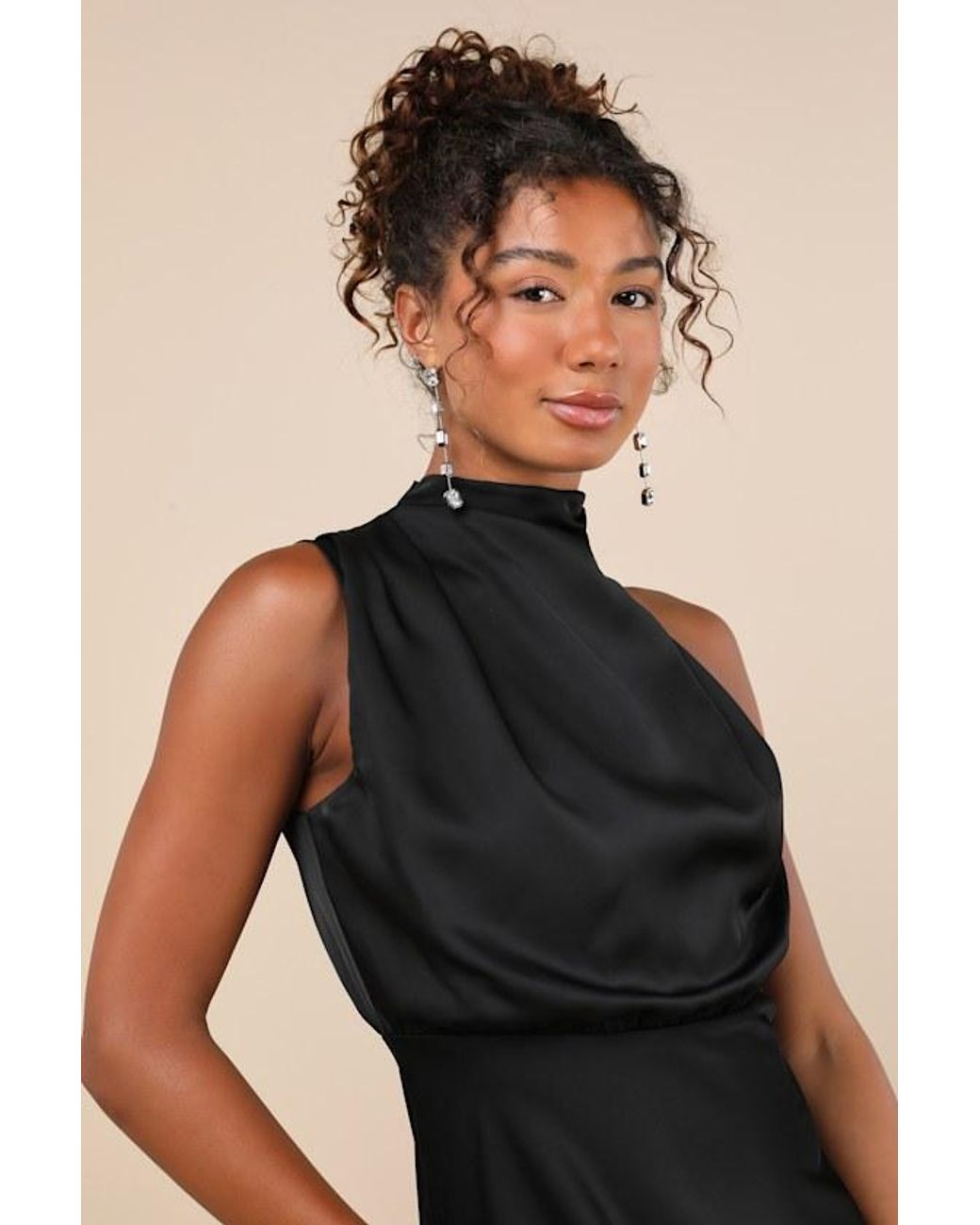Lulus Natural Distinctive Charm Satin Asymmetrical Midi Dress