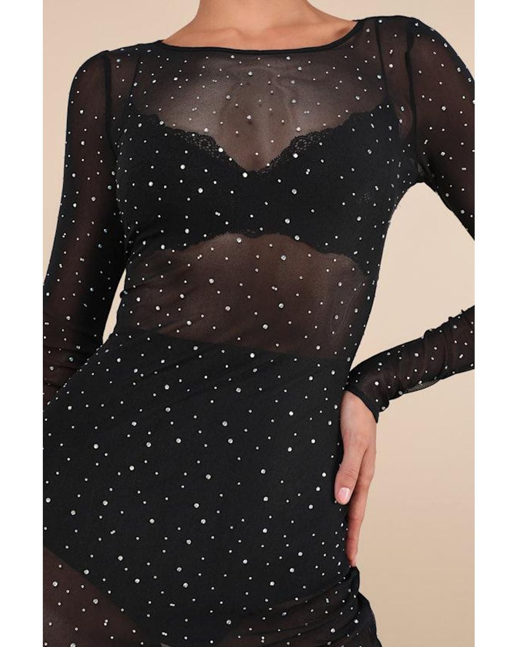 Lulus Daring Sparkle Sheer Mesh Rhinestone Maxi Dress in Black | Lyst UK