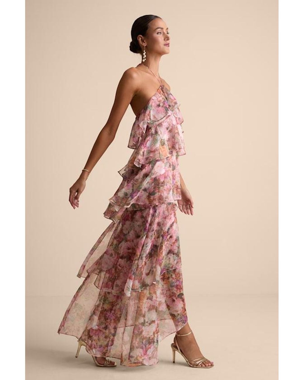 Lulus Melody Floral Tiered Halter Maxi Dress in Green | Lyst
