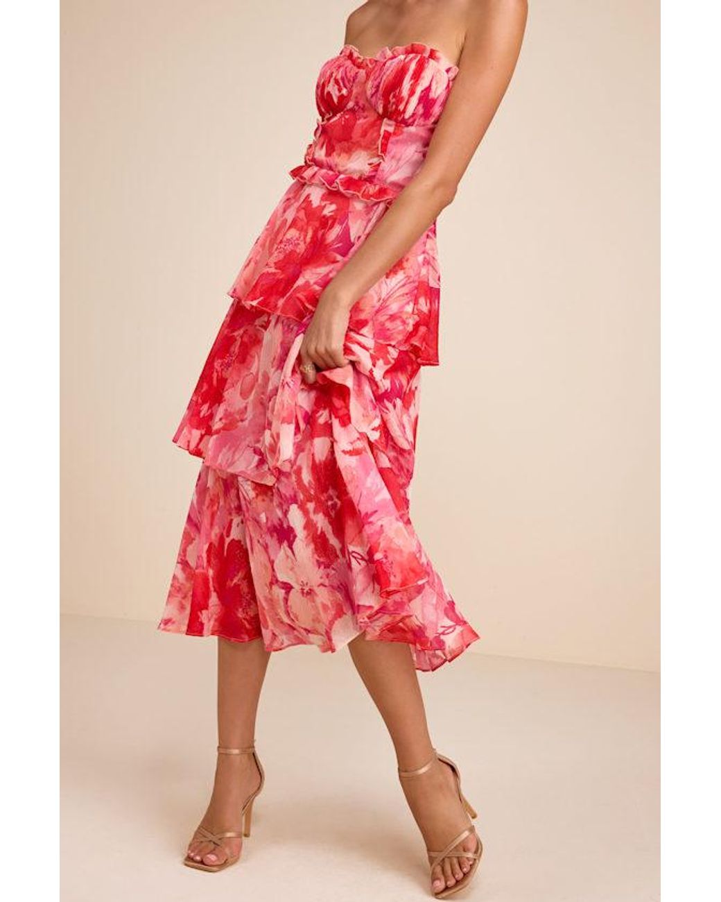 Lulus Pink Vaya Multi Floral Tiered Midi Dress