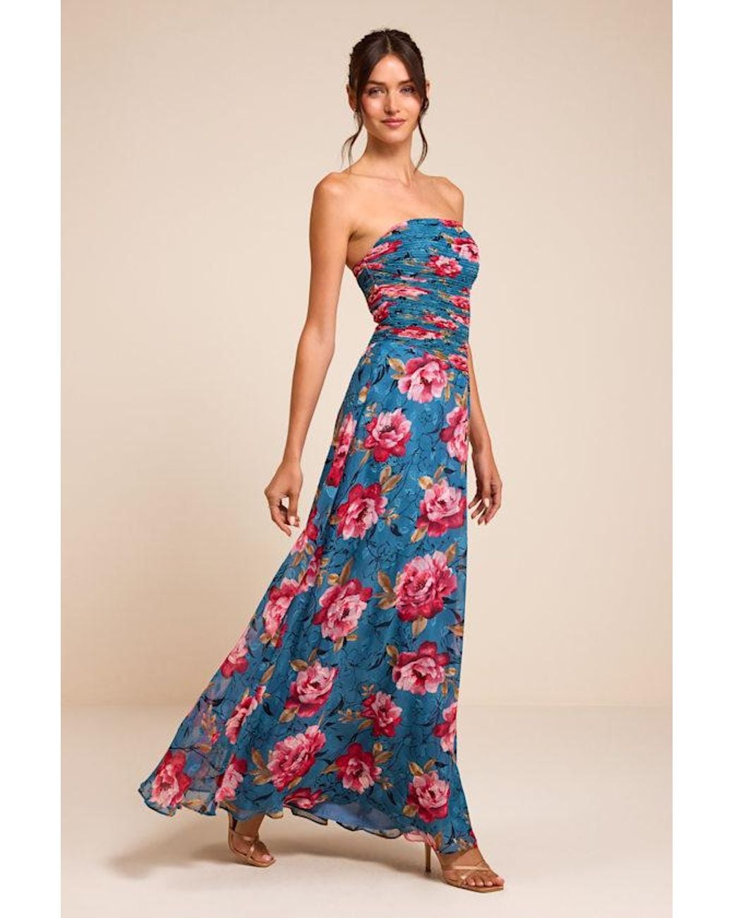 Lulus Blue Tanya Multi Satin Pleated Maxi Dress