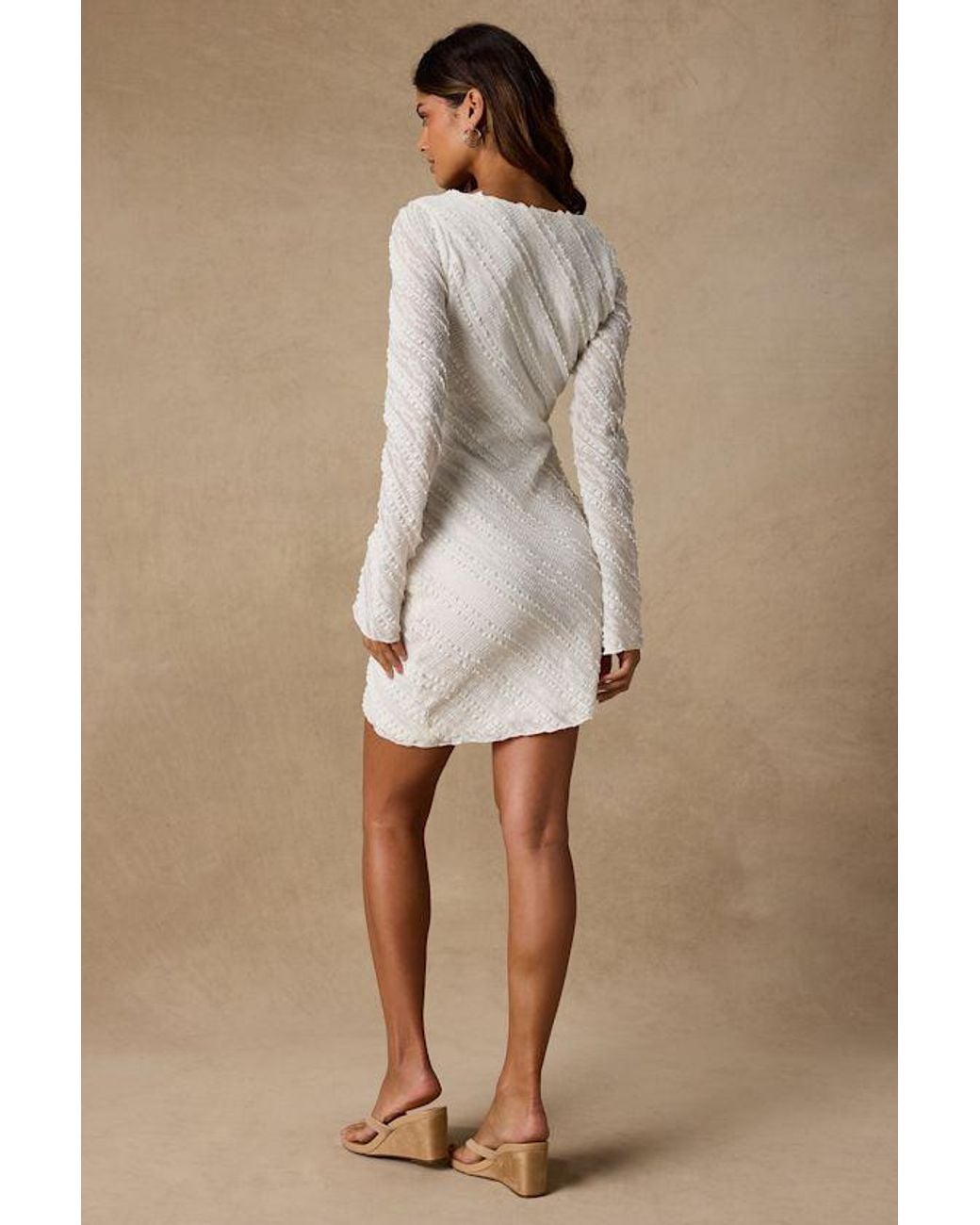 Lulus Pink Amy Cream Textured Long Sleeve Asymmetrical Mini Dress