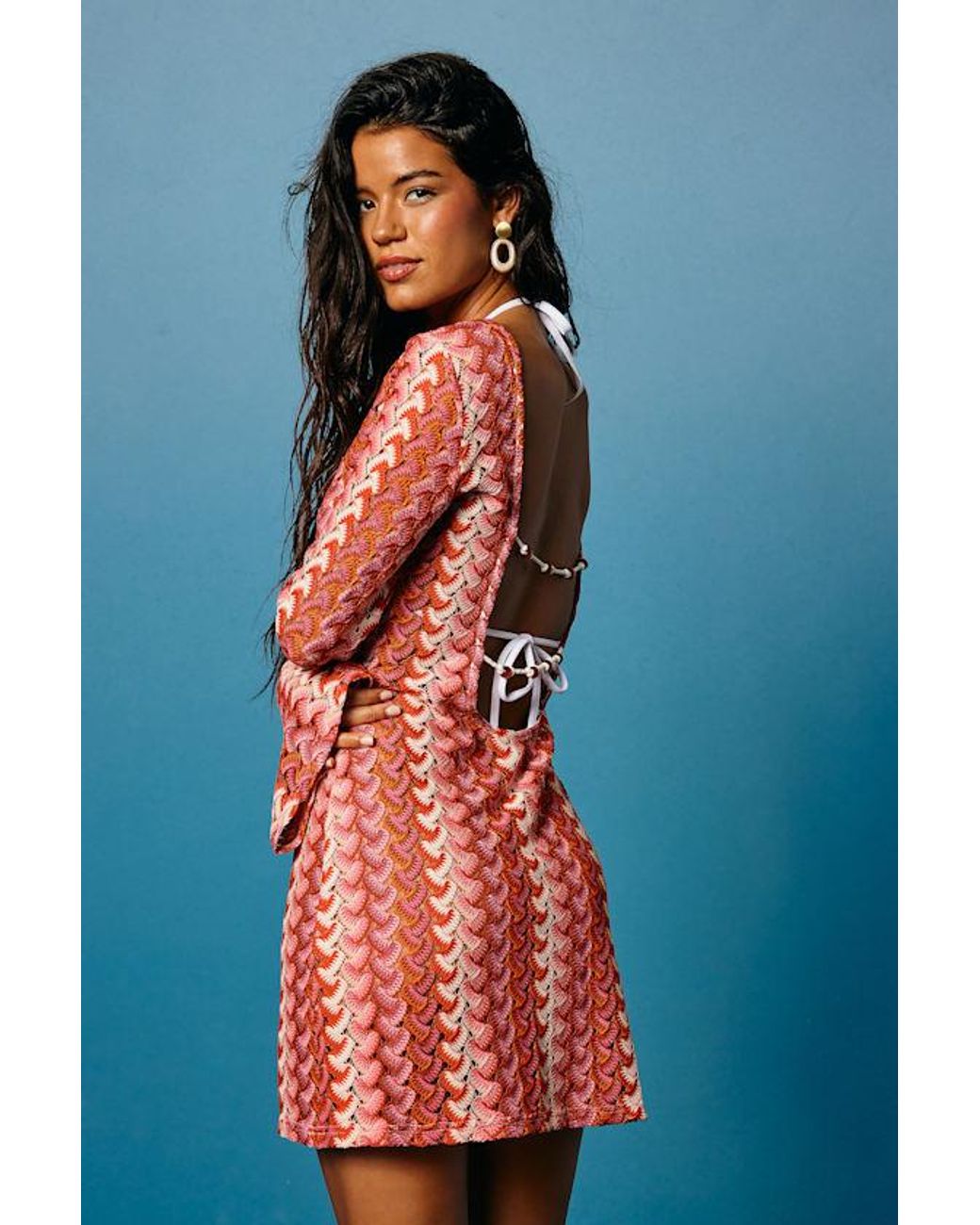 Lulus Blue Valestra Striped Crochet Long Sleeve Swim Cover-Up Dress