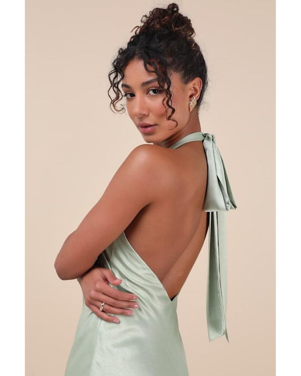 Lulus Angelique Sage Satin Backless Halter Midi Dress in Natural
