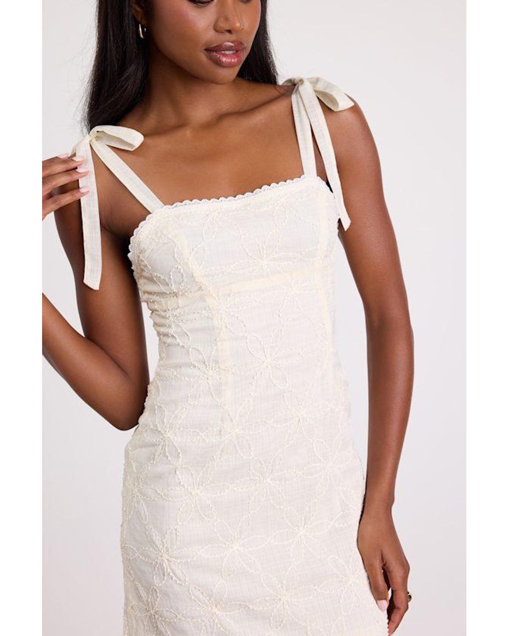 Lulus Natural Mizuki Cream Embroidered Tie-Strap Mini Dress