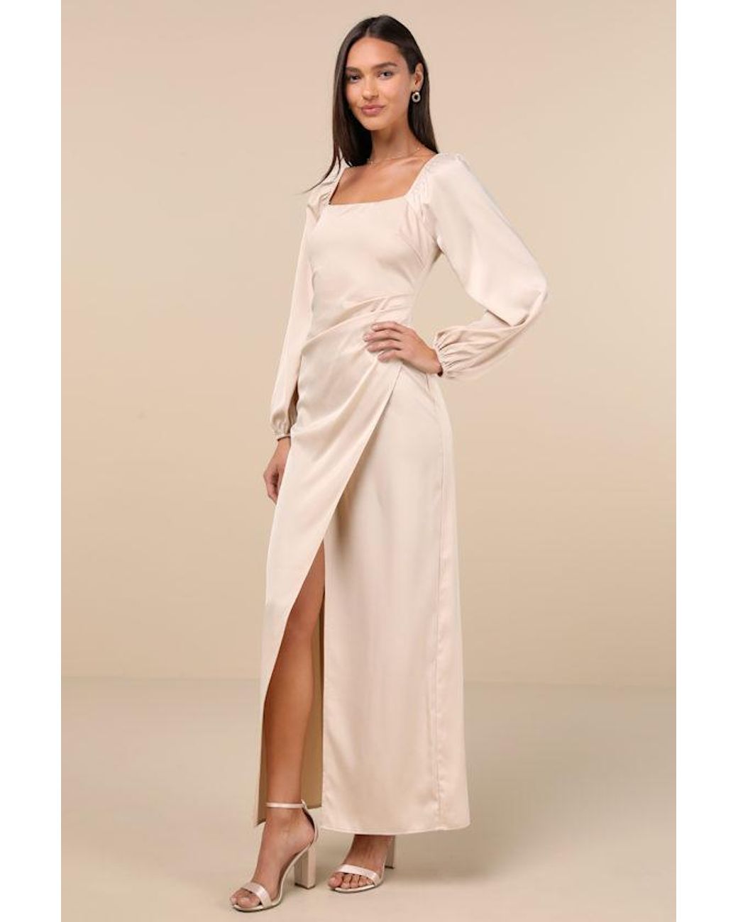 Lulus Natural Eternal Heart Satin Long Sleeve Maxi Dress
