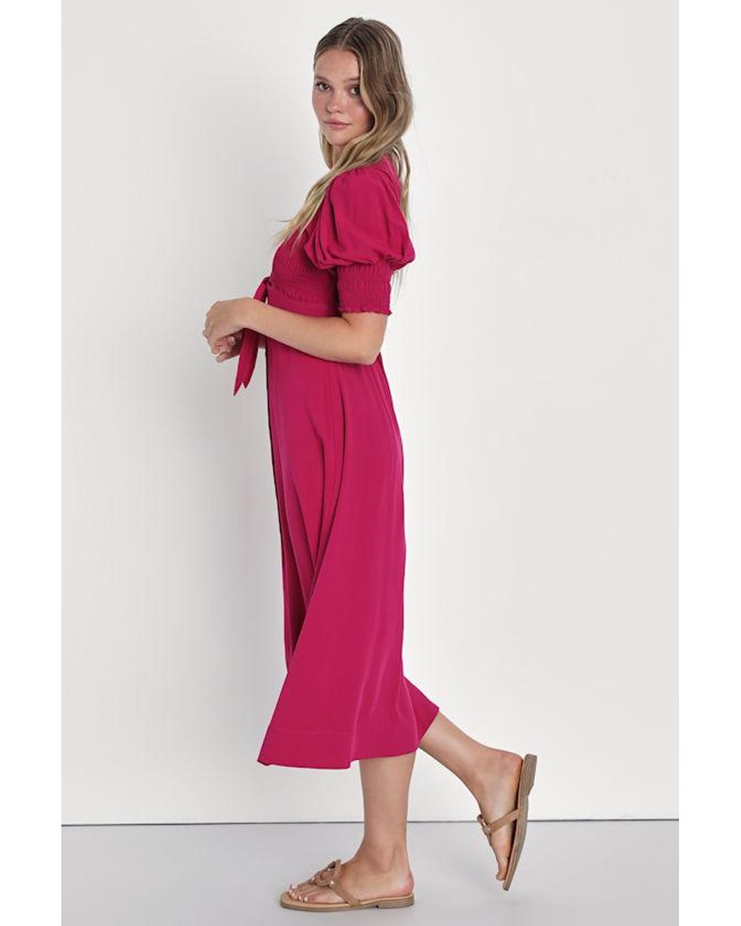 Lulus Pink Featured Cutie Smocked Tie-Front Midi Dress