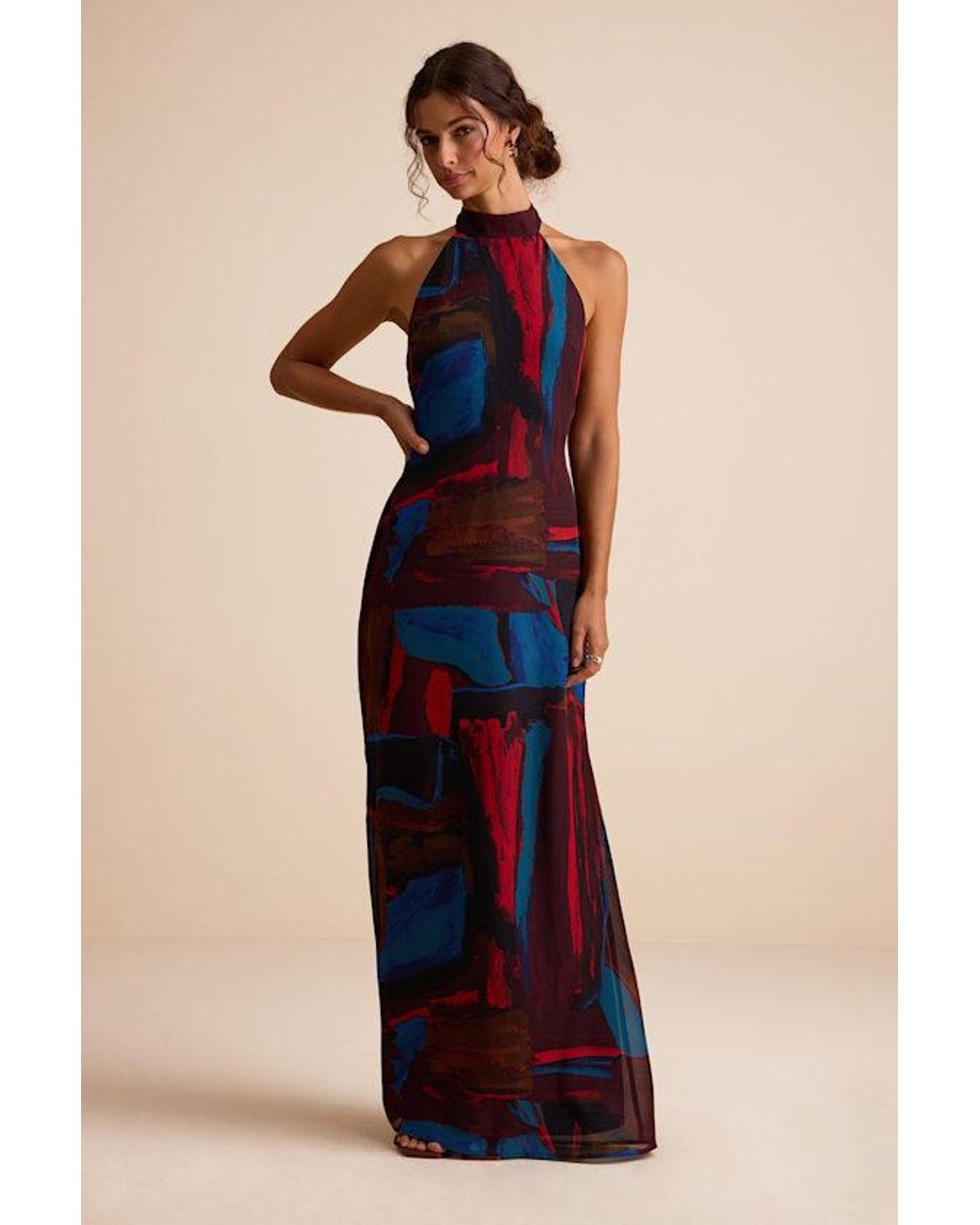 Lulus Blue Solayne Multi Abstract Strappy Halter Maxi Dress