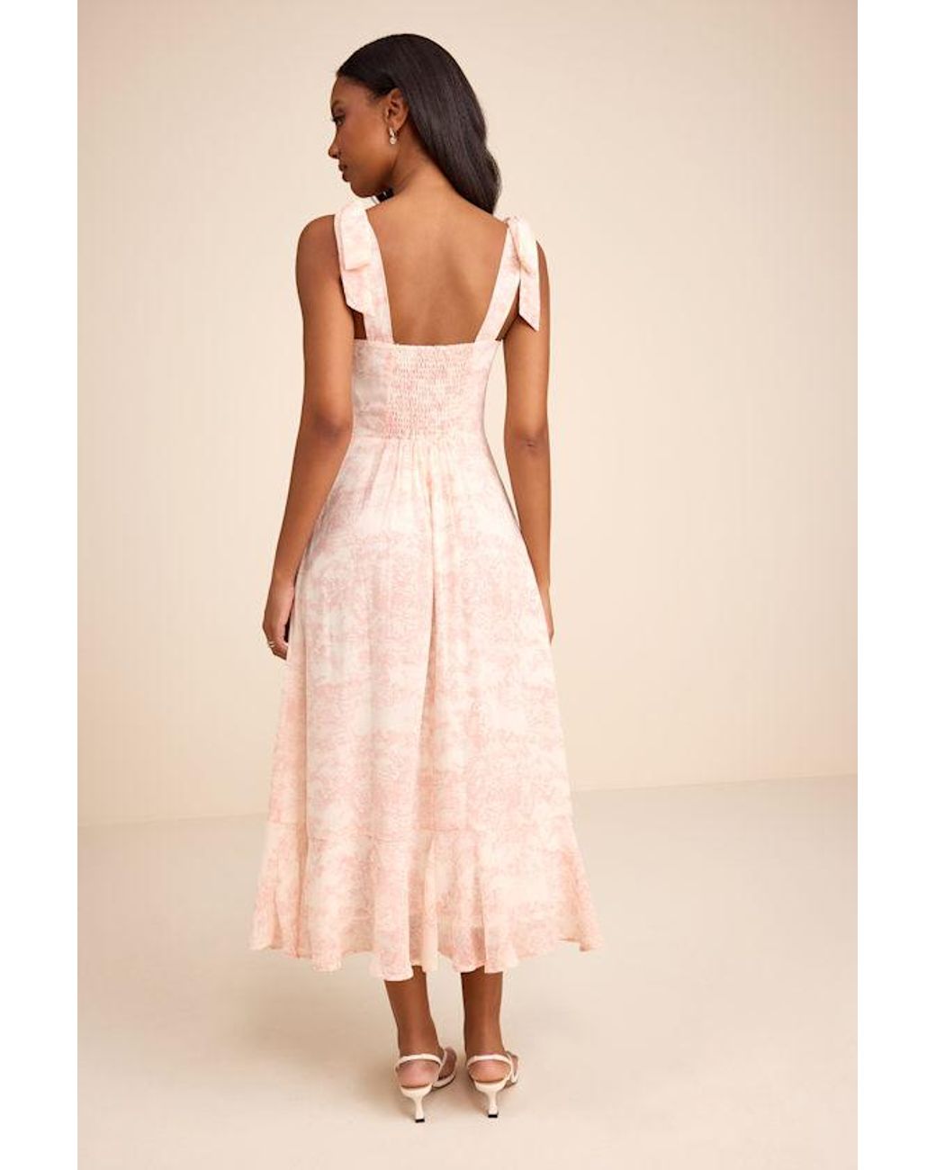 Lulus Natural Summer Invite And Toile Tie-Strap Tiered Midi Dress