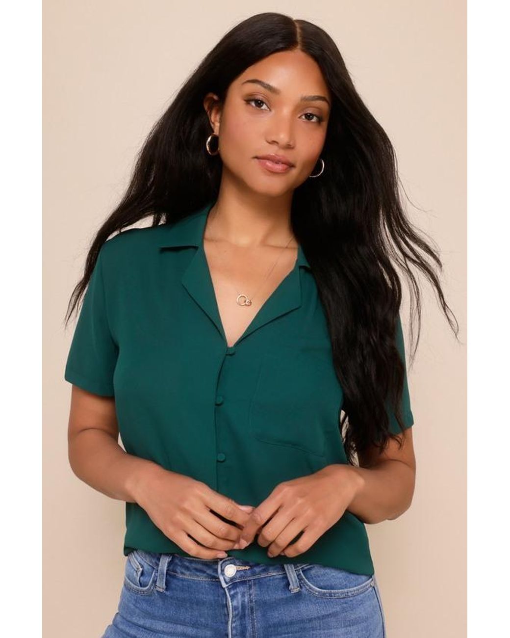 Lulus Green Good Luck Charm Short Sleeve Button-Up Top