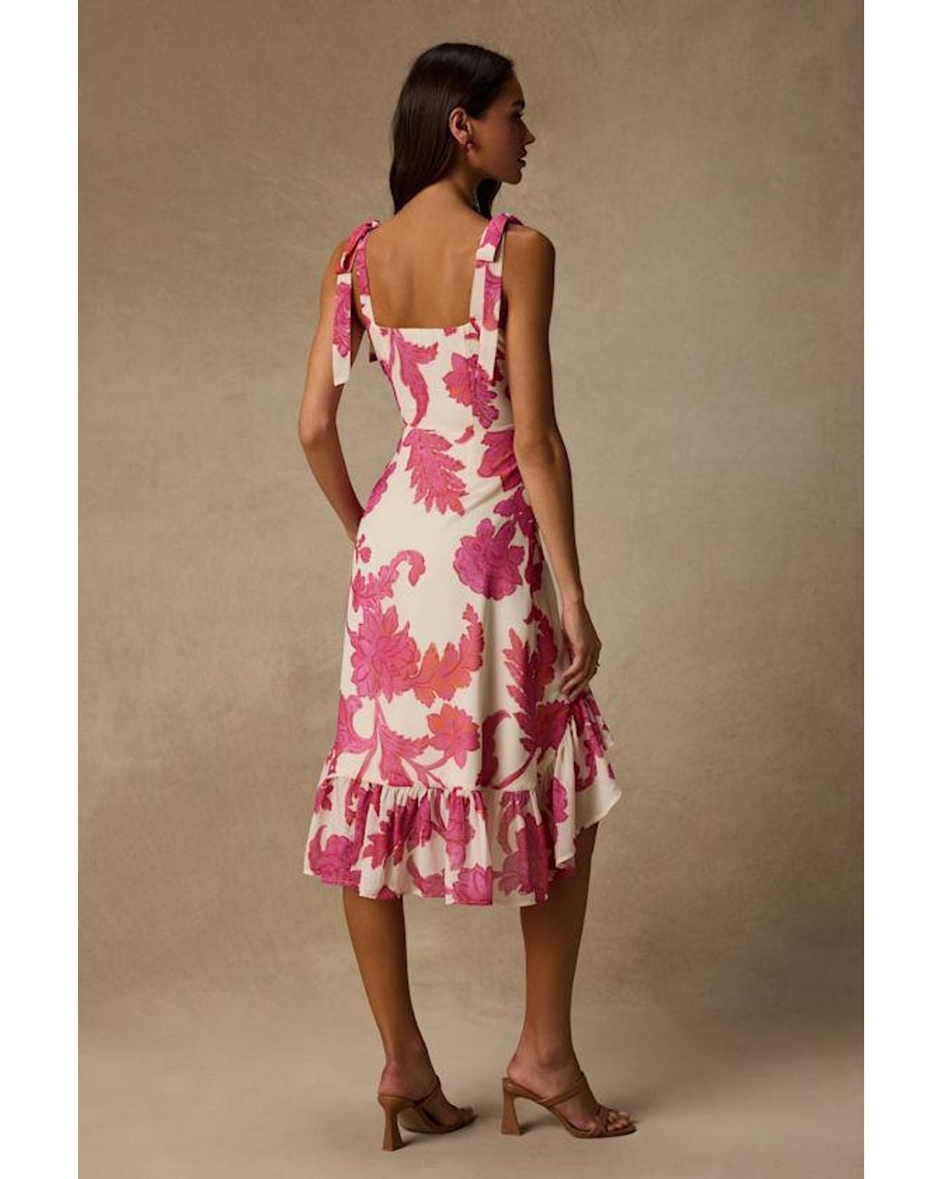 Lulus Red Tamryn Floral Asymmetrical Ruffled Midi Dress