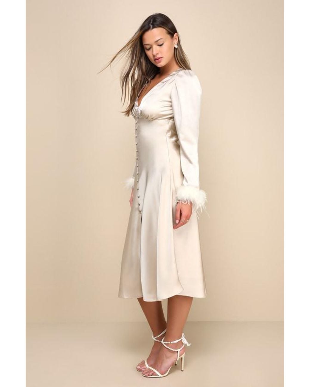 Lulus White Precious Aura Satin Feather Long Sleeve Midi Dress