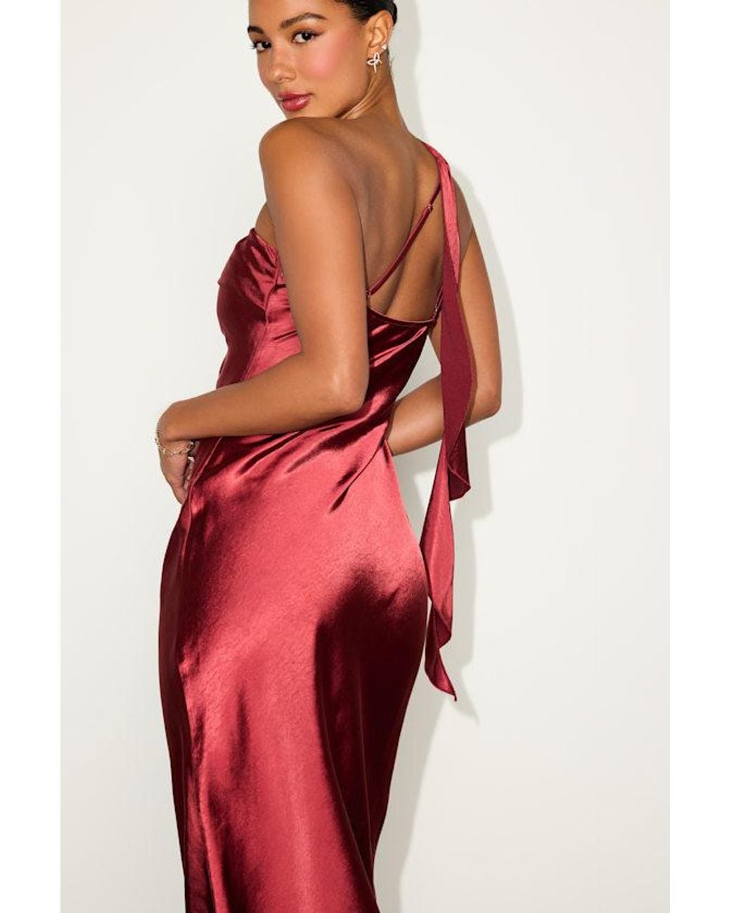 Lulus Red Naima Satin One-Shoulder Midi Dress