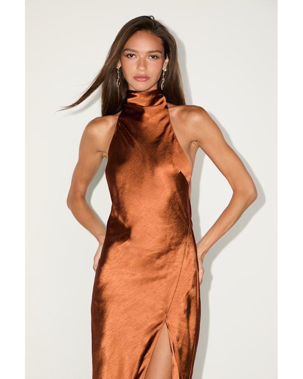 Lulus Brown Exceptional Status Rust Halter Backless Slip Midi Dress