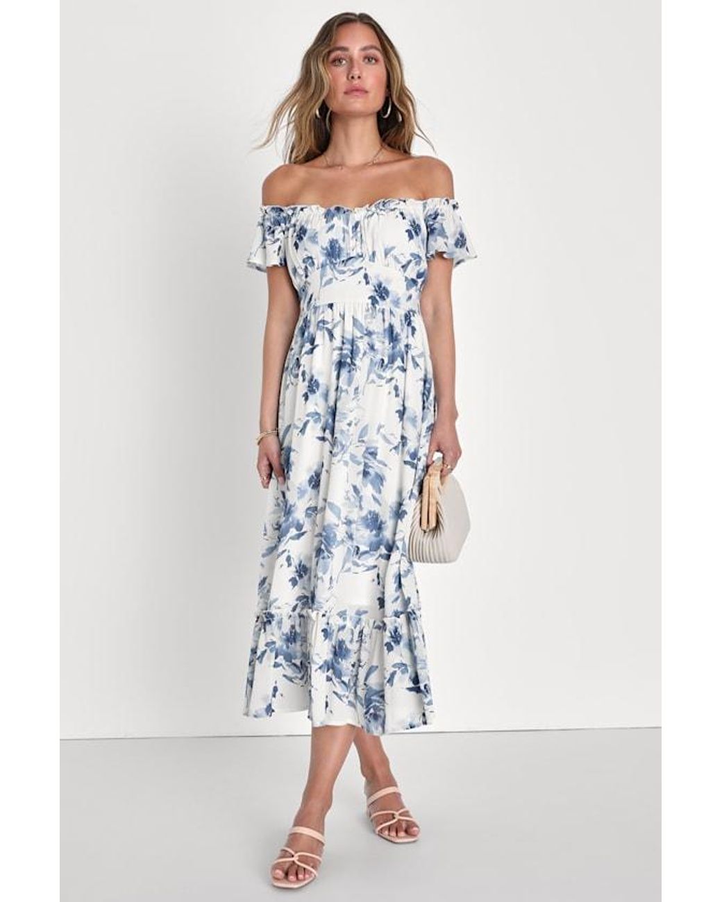 Lulus Blue Delightfully Sweet Floral Off-The-Shoulder Midi Dress