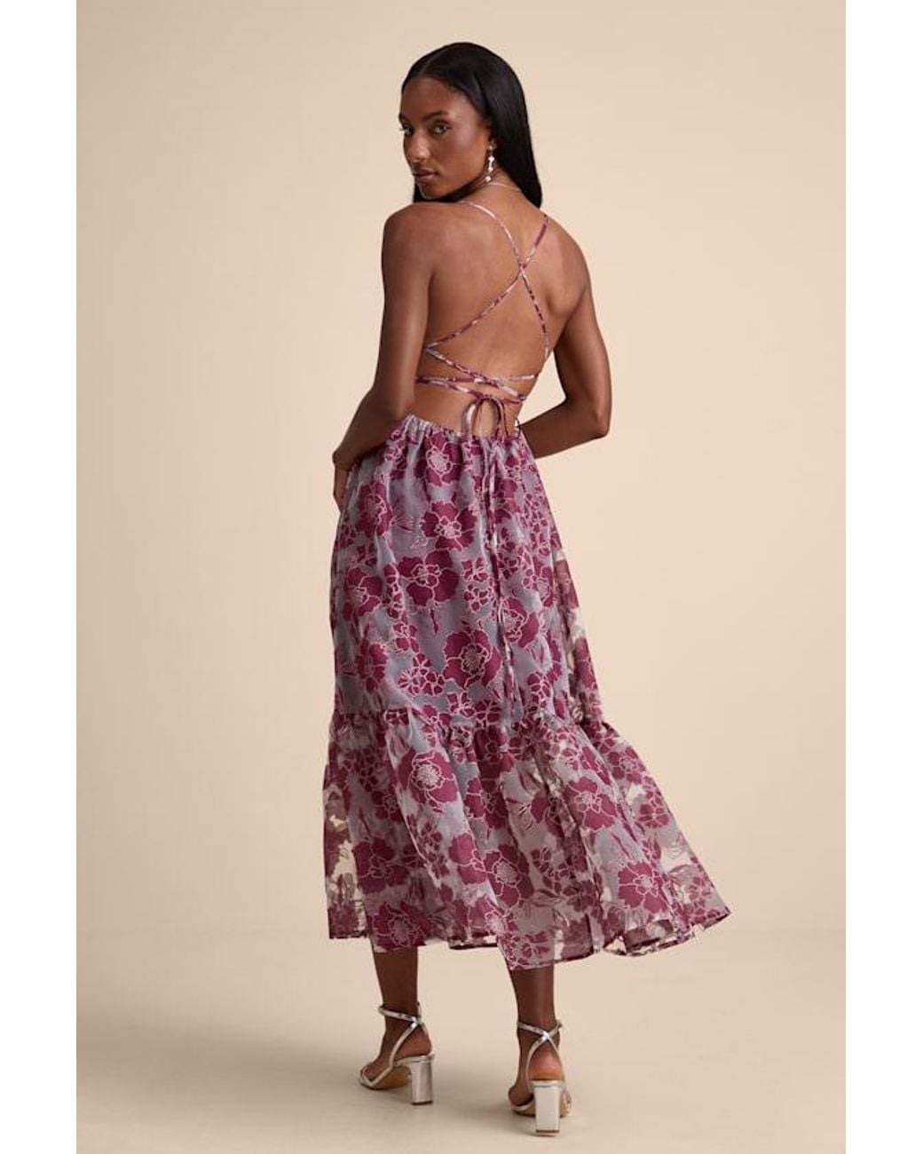 Lulus Pink Feeling Like Forever Plum Jacquard Organza Lace-Up Midi Dress