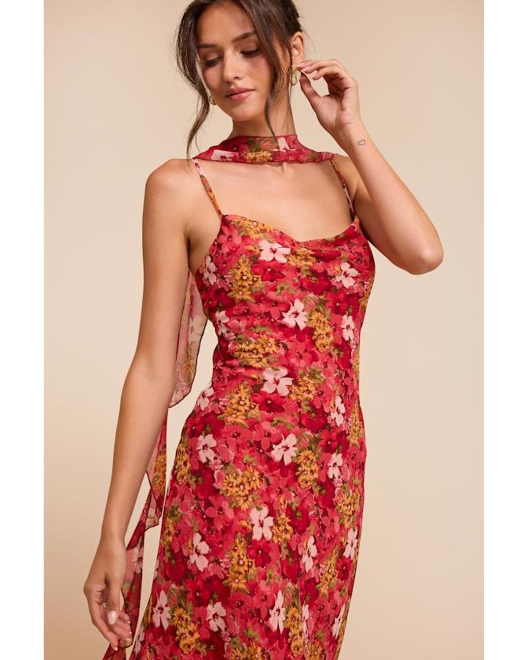 Lulus Red Rosetta Multi Floral Midi Dress And Scarf Set