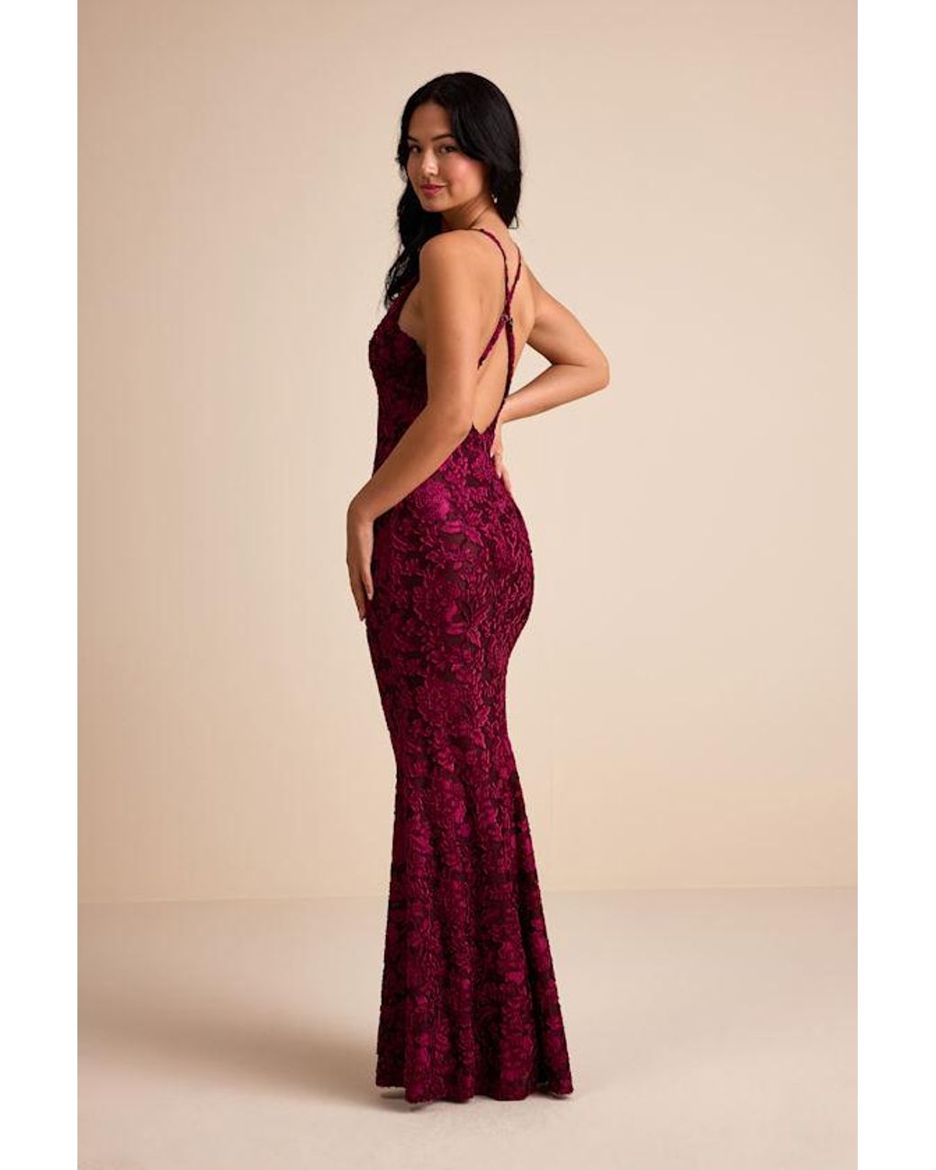 princess polly baby blue dress Lulus Renissa Burnout Velvet Backless Mermaid Maxi Dress in Red
