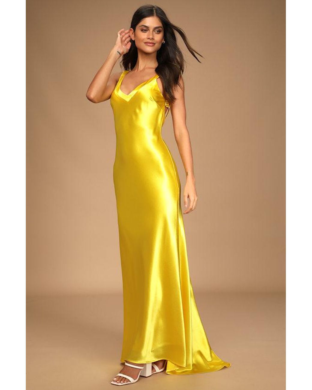Lulus Yellow Perfectly Classy Satin Strappy Maxi Dress