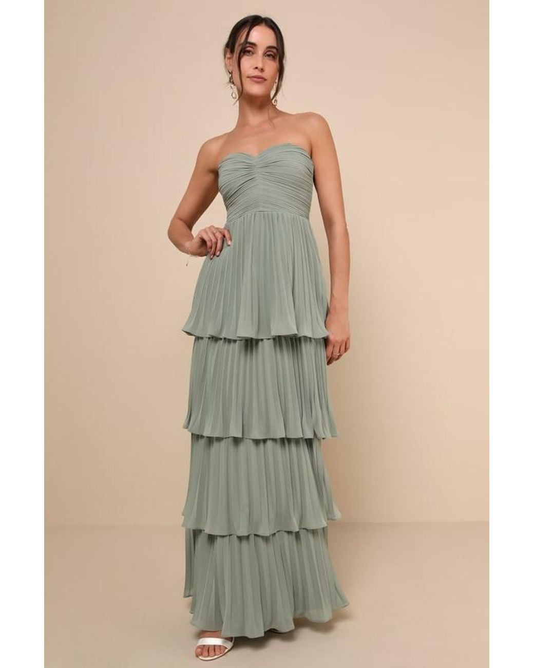 Lulus Green Seriously Sensational Sage Brush Strapless Tiered Maxi Dress