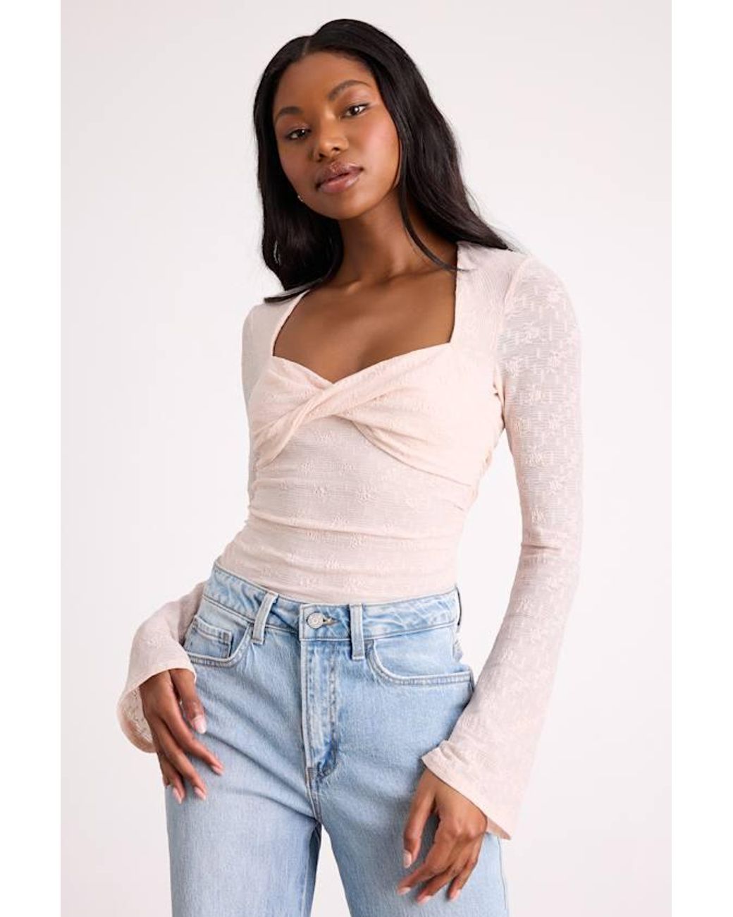 Lulus Blue Emada Blush Textured Twist-Front Long Sleeve Top