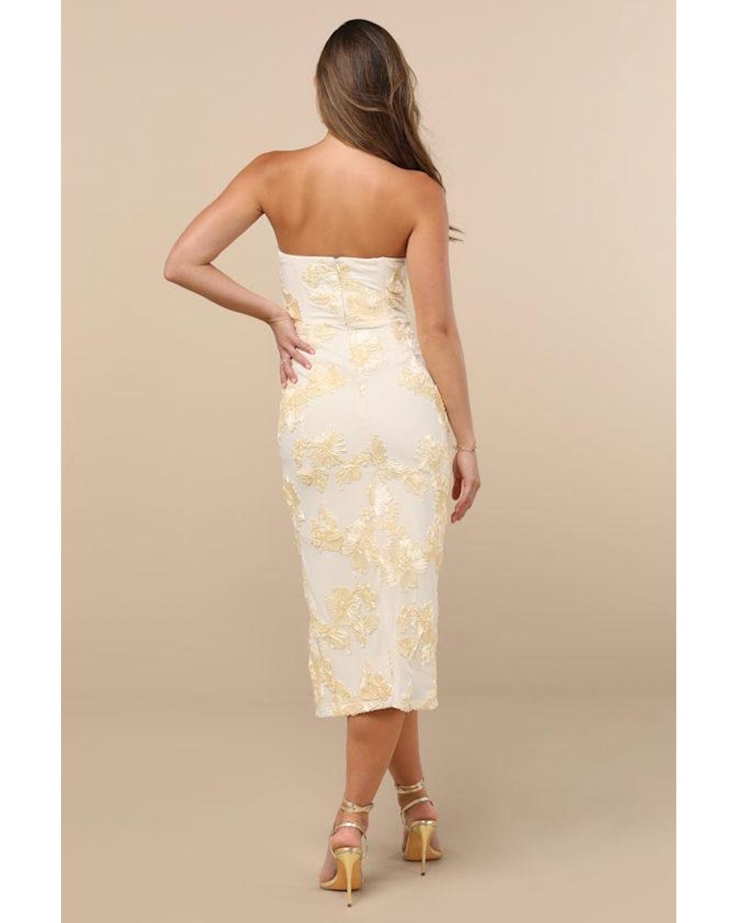 Lulus Natural Kattalin Cream Floral Applique Strapless Midi Dress