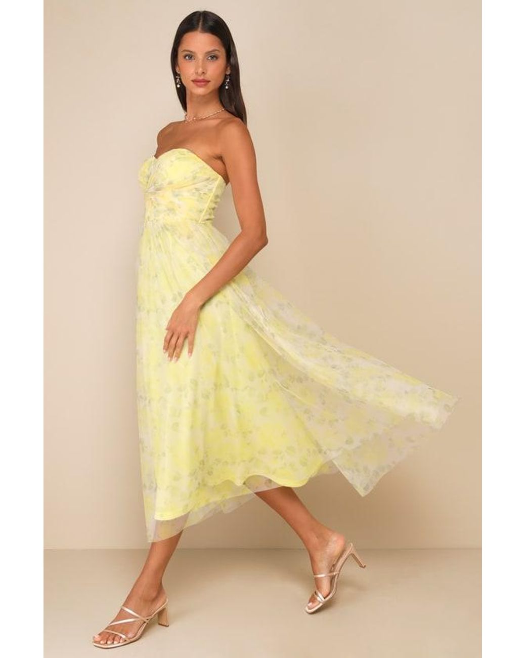Lulus Yellow Perfect Whimsy Floral Mesh Strapless Midi Dress