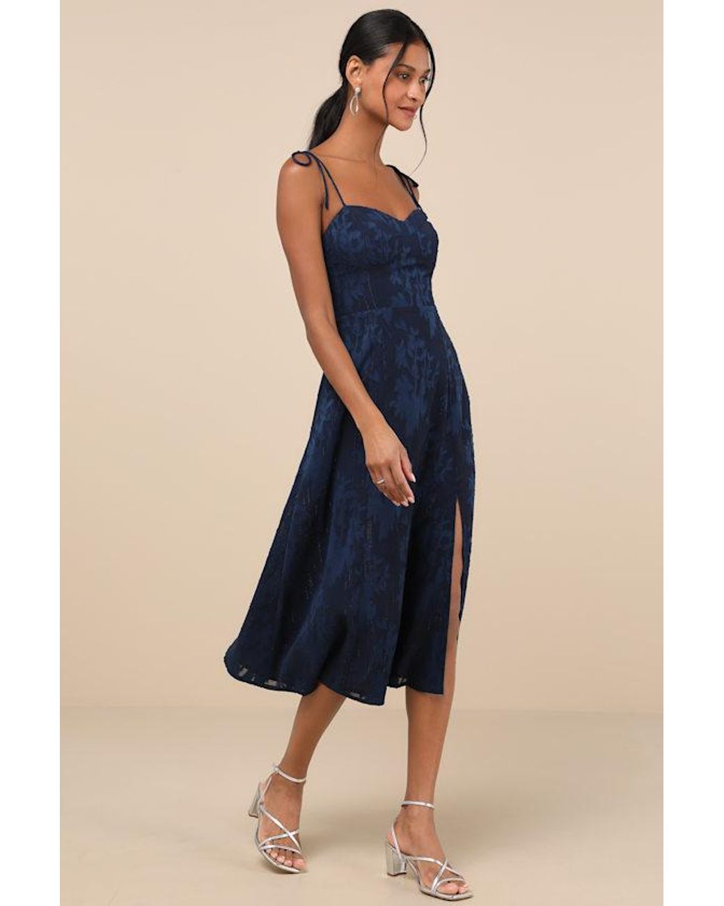 Lulus Blue Loveliest Looks Floral Jacquard Tie-Strap Midi Dress